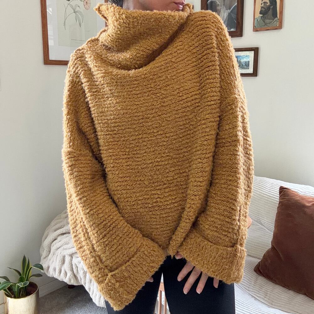 Free People Brown Funnel Neck Neck Wool Textured Knit Sweater Size S